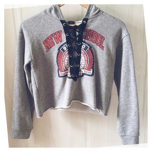 F21 Crop Raw Cut Lace Hoodie